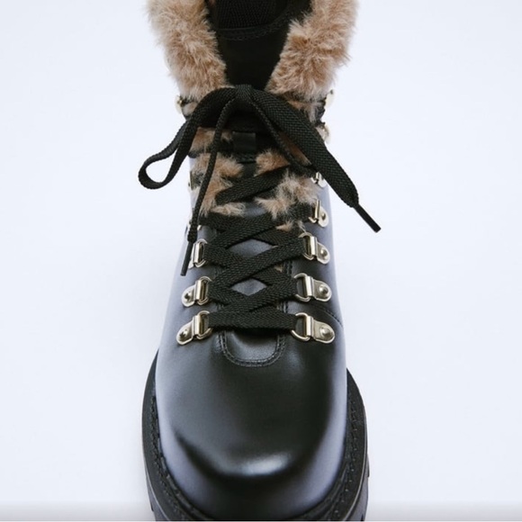 ZARA LEATHER LACE UP FAUX FUR LINED MOUNTAIN ANKLE BOOTS - Picture 3 of 7